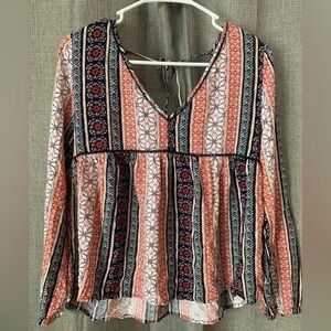 Abercrombie floral geometric print long sleeve pink blue black peasant blouse M
